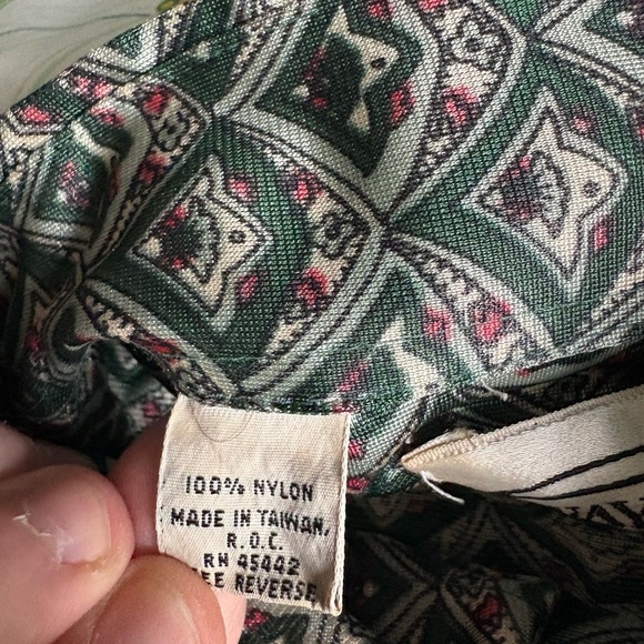 70s Wayne Rogers Shirt Nylon Designer Green Multiprint zipper M Button Vintage - Picture 6 of 8